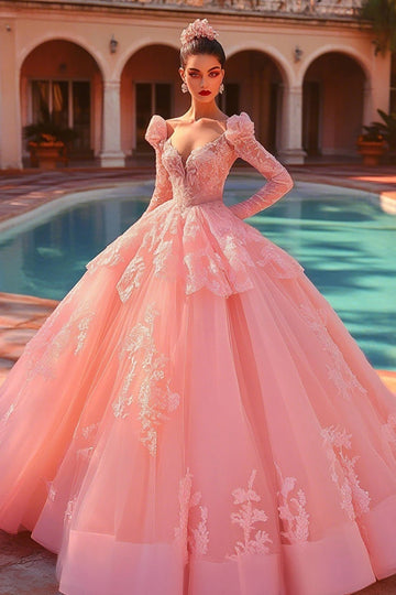 Pink Ball Gown Tulle Long Sleeves Princess Quinceanera Dress with Ruffles